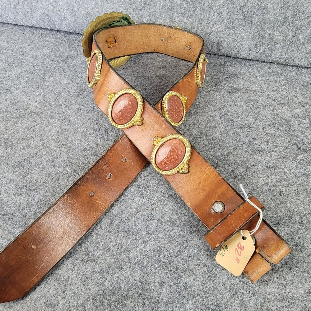 Jacobs Leather Vintage Brown Belt Goldstone Cabochon Concho Plantsville CT 32 - Picture 1 of 13